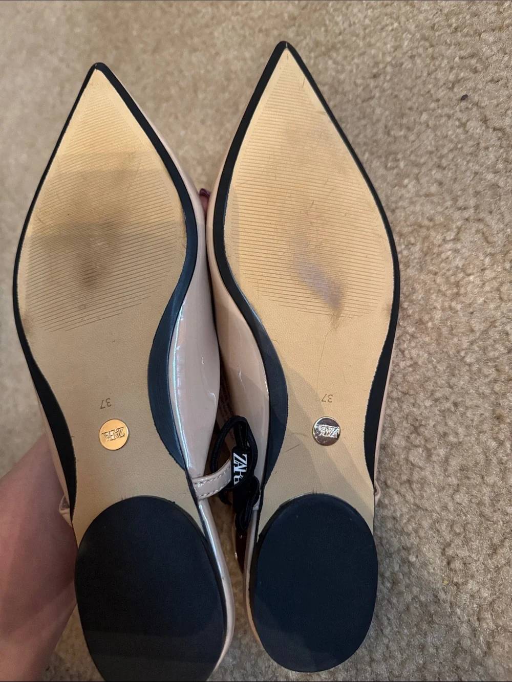 ZARA - Nude Patent Pointed Slingback Flats with Gold Chain Accents - Size 7